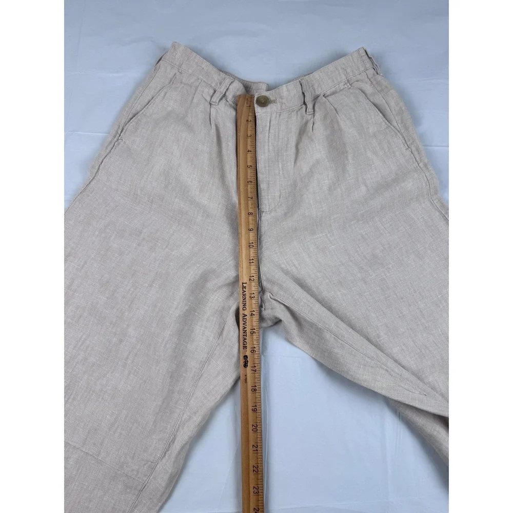 Lands End Womens 14 High Rise 100% Linen Pleated Wide Leg Pants Oatmeal Beige